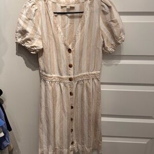 LOFT Cream Striped Puff Sleeve Mini Dress
